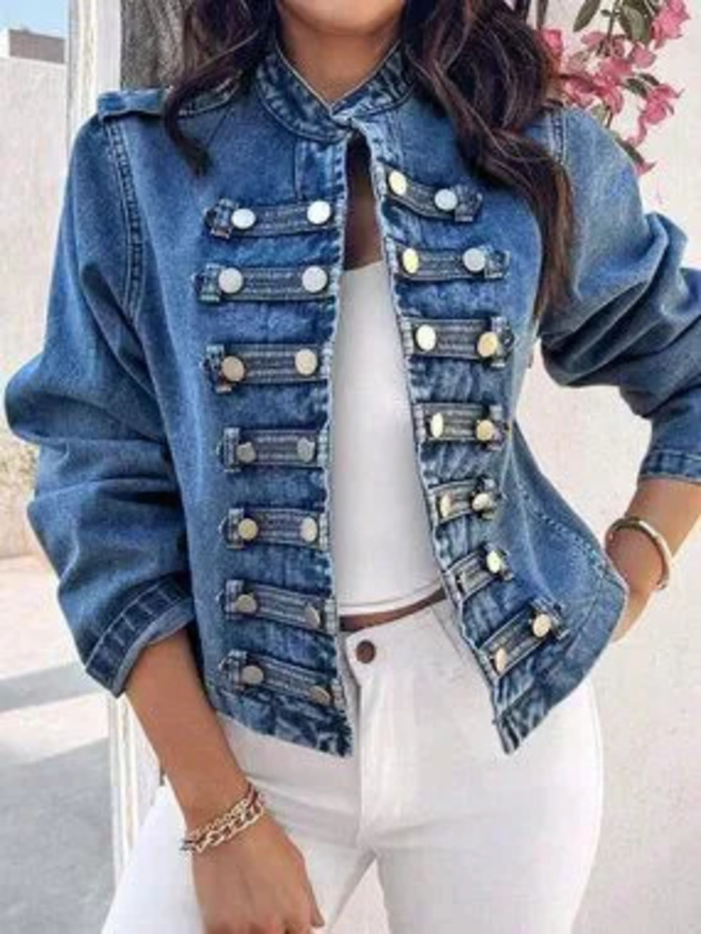 Blue Casual Women's Short Denim Jacket with Double-Breasted Front